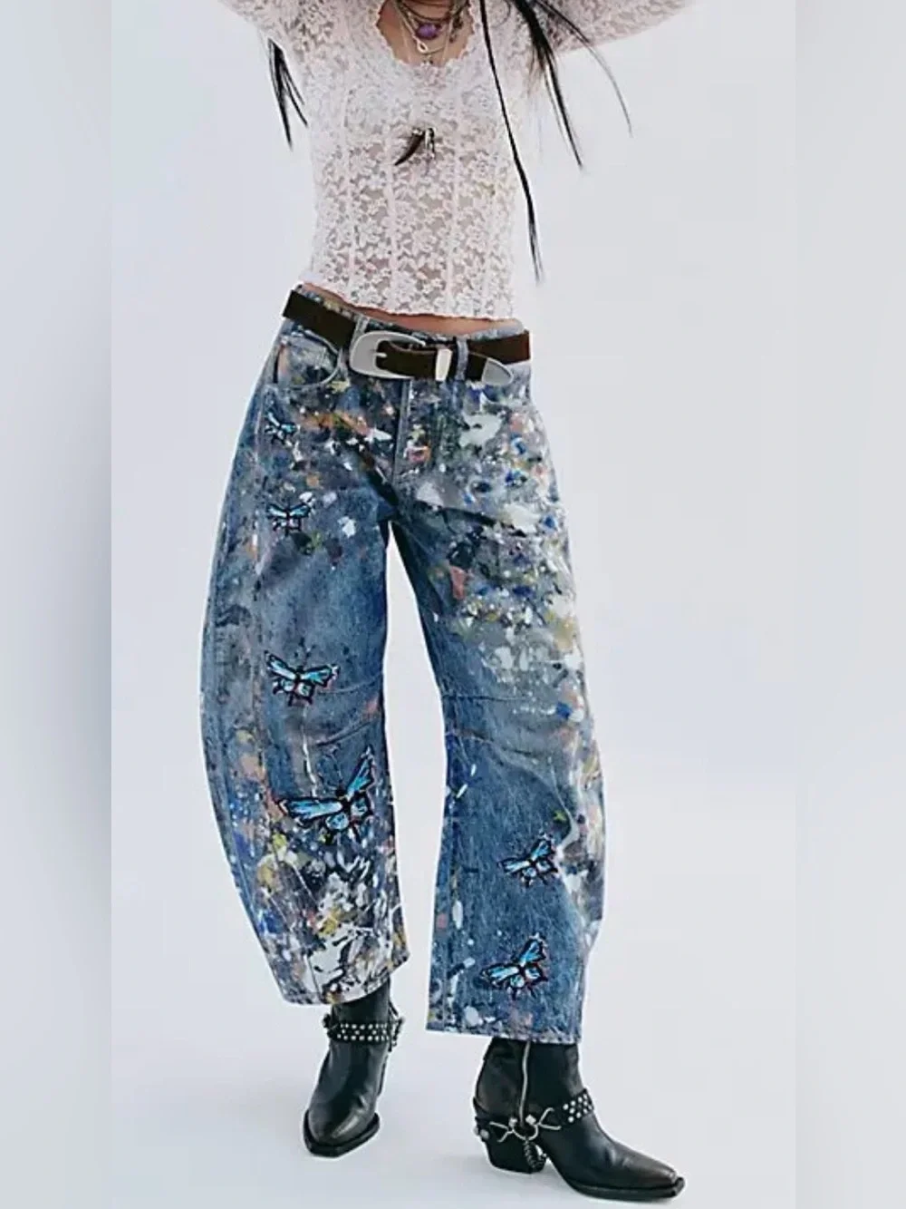 Free People Blue Paint-Splatter Wide-Leg Jeans with Butterfly Motif